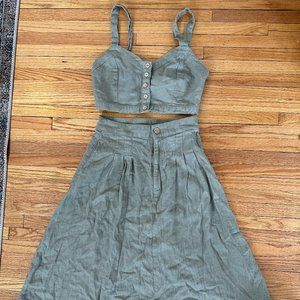 Sage Green Linen Crop Top Skirt Set XS/S